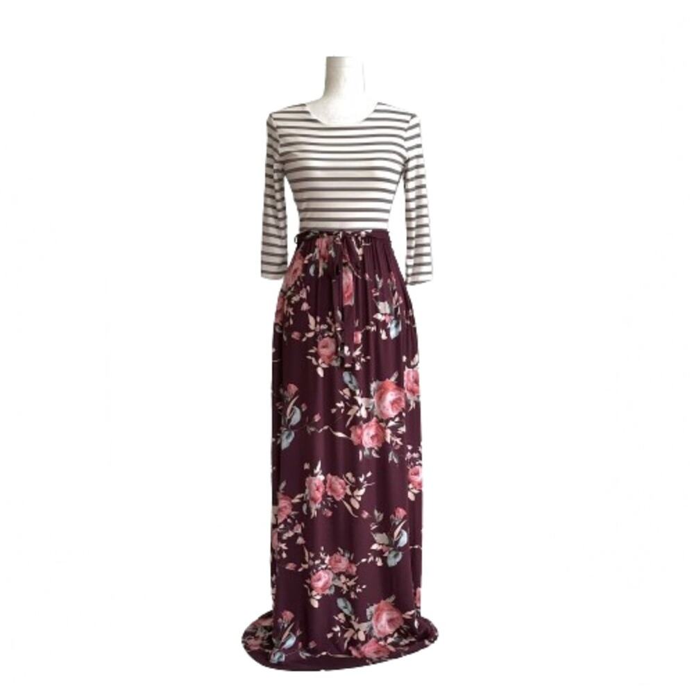 Lux & Co Bernice 2fer Knit Burgundy Tan Stripe Floral Pockets Maxi Dress XS NEW - Picture 13 of 13